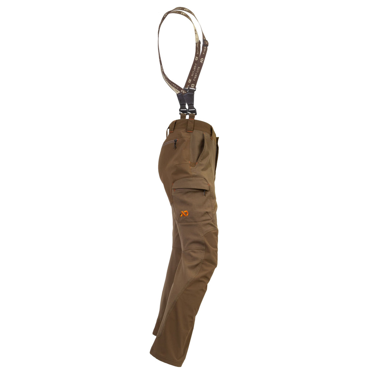 Dry earth technical pants with First Lite branded suspenders, multiple zipped and cargo pockets, orange stitching, and an orange logo.