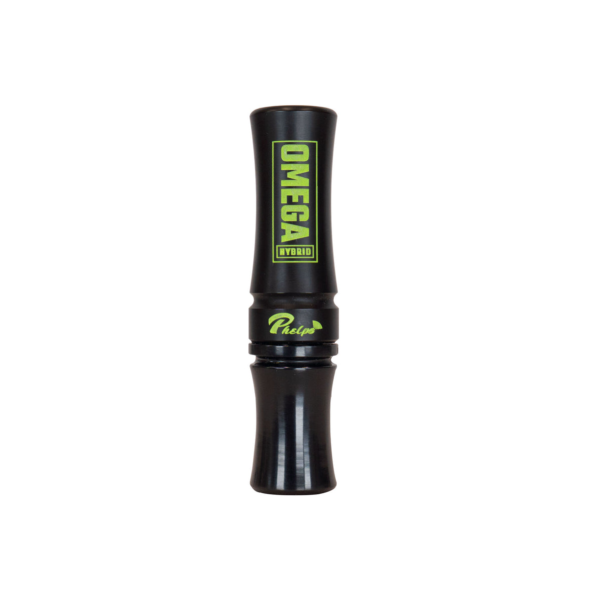 Black Phelps Omega Hybrid game call with neon green text and a flared, two-part design.
