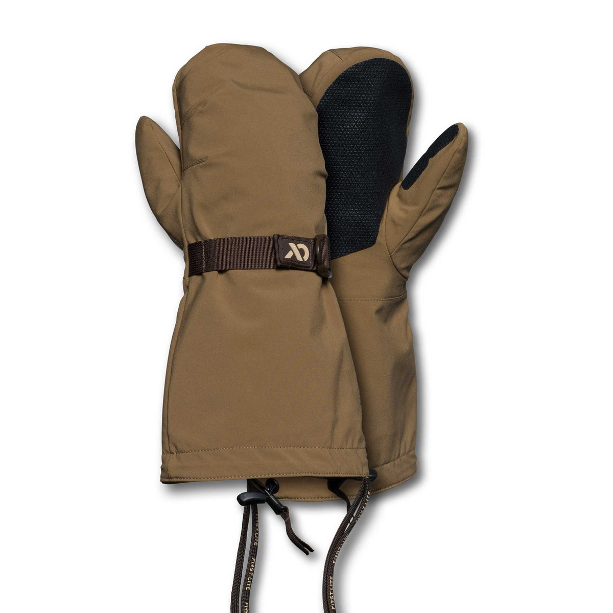 A pair of tan mittens with black textured palms and thumbs, wrist straps with a logo, and adjustable cuffs with "FIRST LITE" drawstrings.