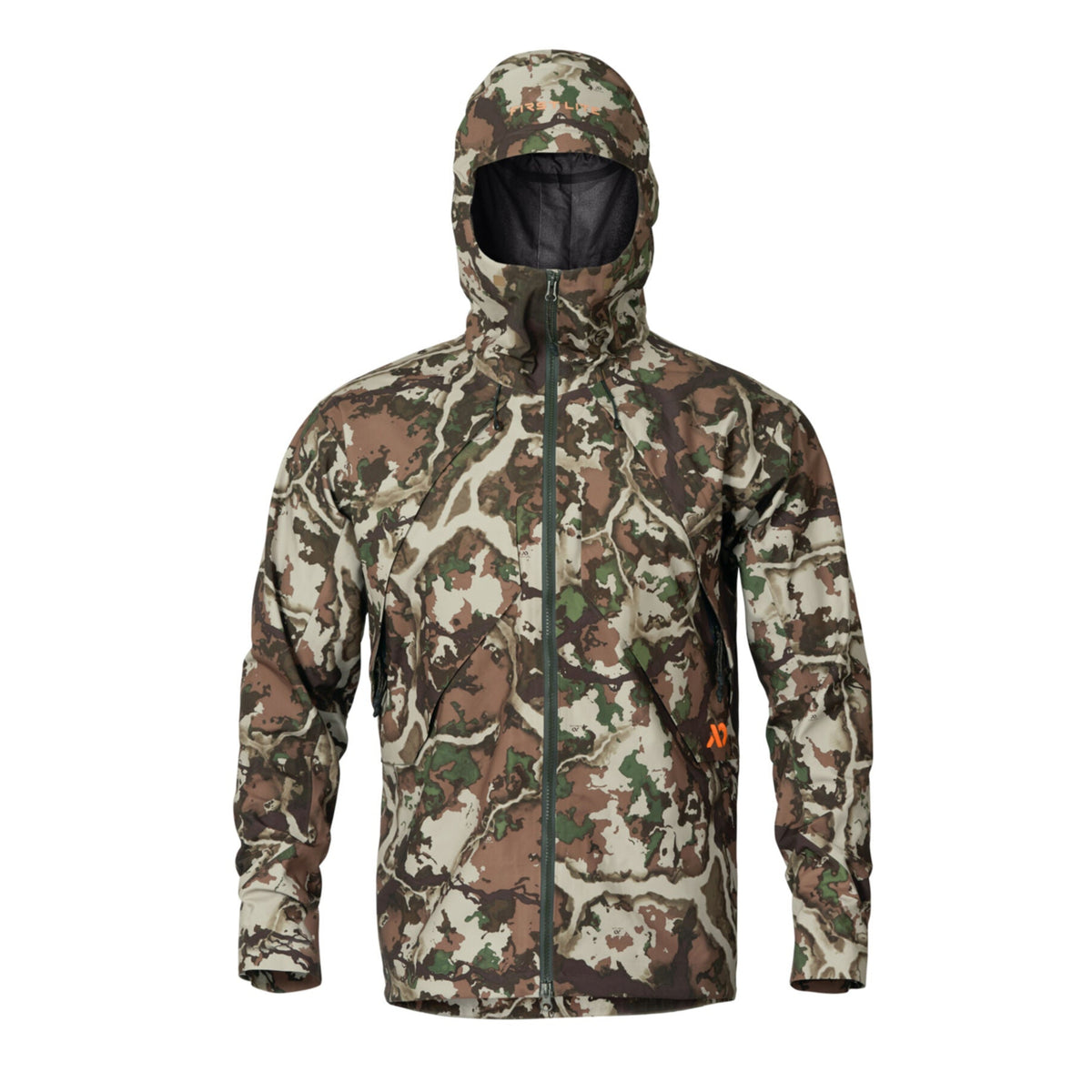 First Lite camouflage hooded jacket with a full zipper and orange First Lite logos.