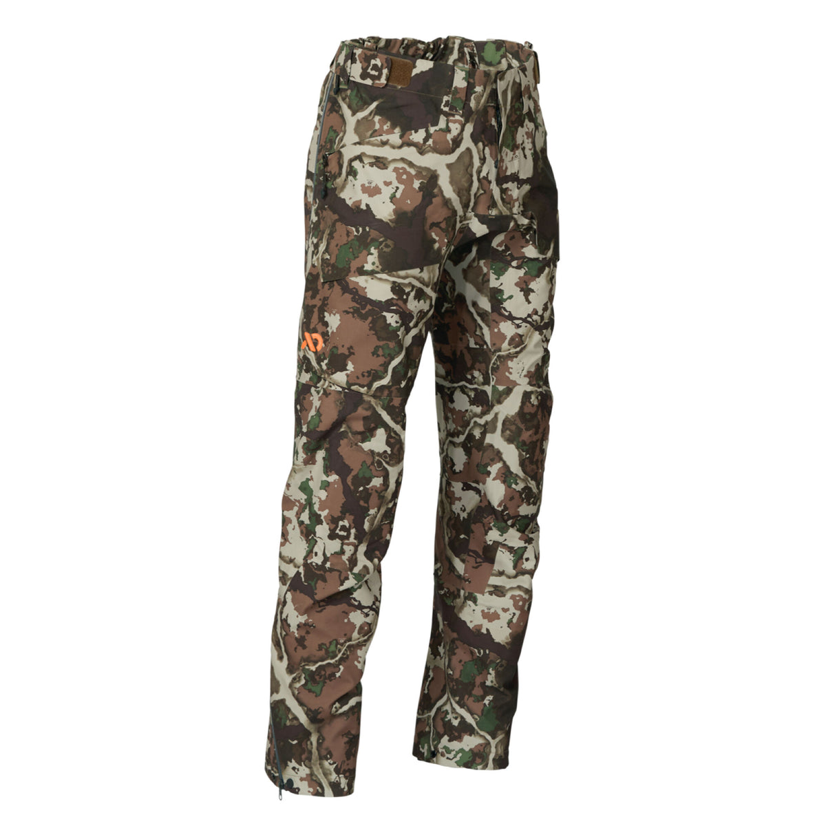 Hunting pants in brown, green, and tan camouflage, featuring an orange logo on the left leg, zippered side pockets, and zippered ankle cuffs.