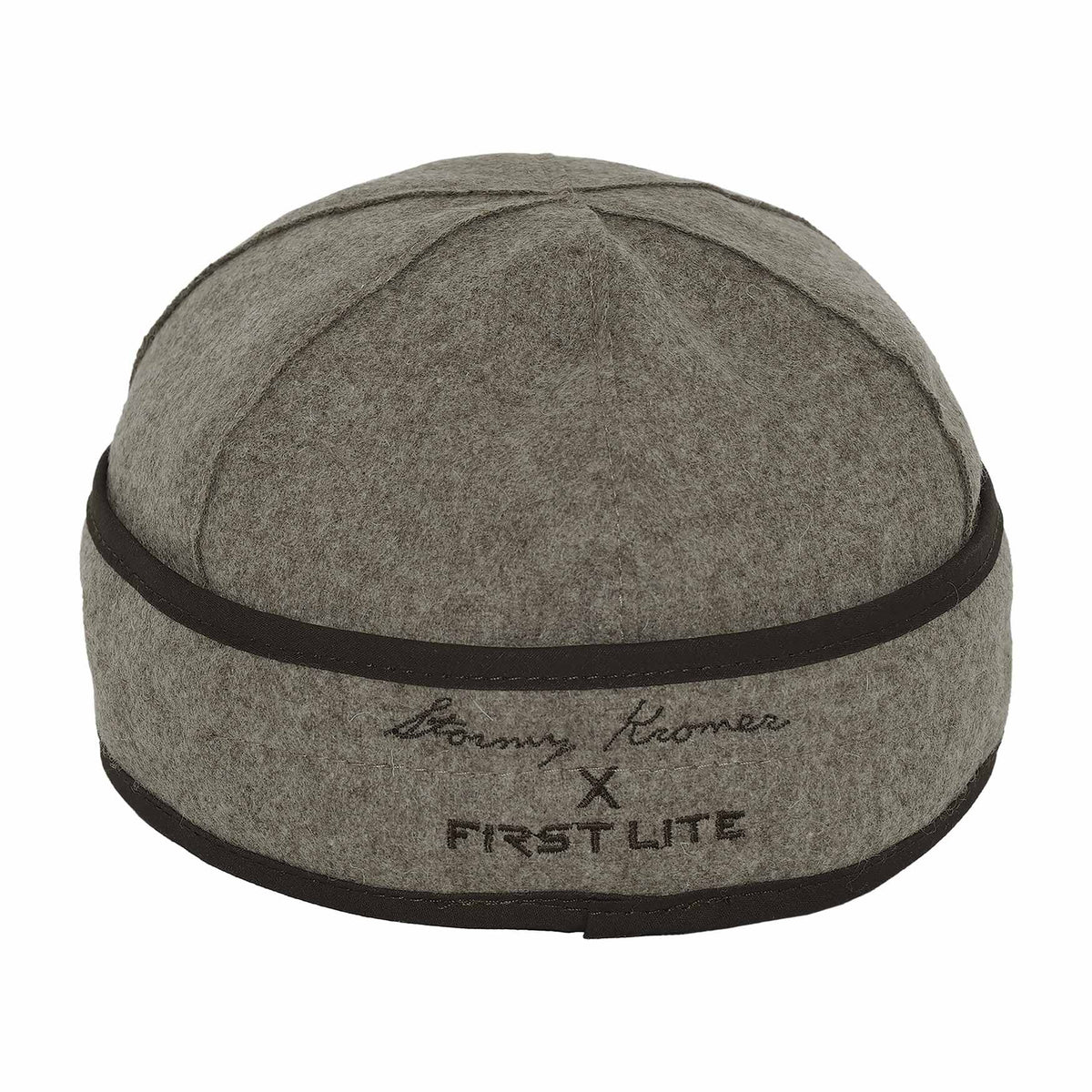 Heather grey wool cap with a dark trim band and "Stormy Kromer X FIRST LITE" embroidered on the front.