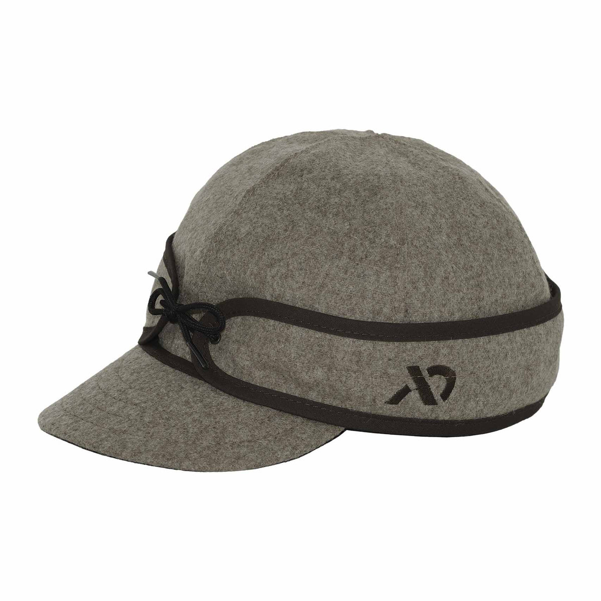 Grey felt cap with a dark brown band, a black cord bow, and a black logo.