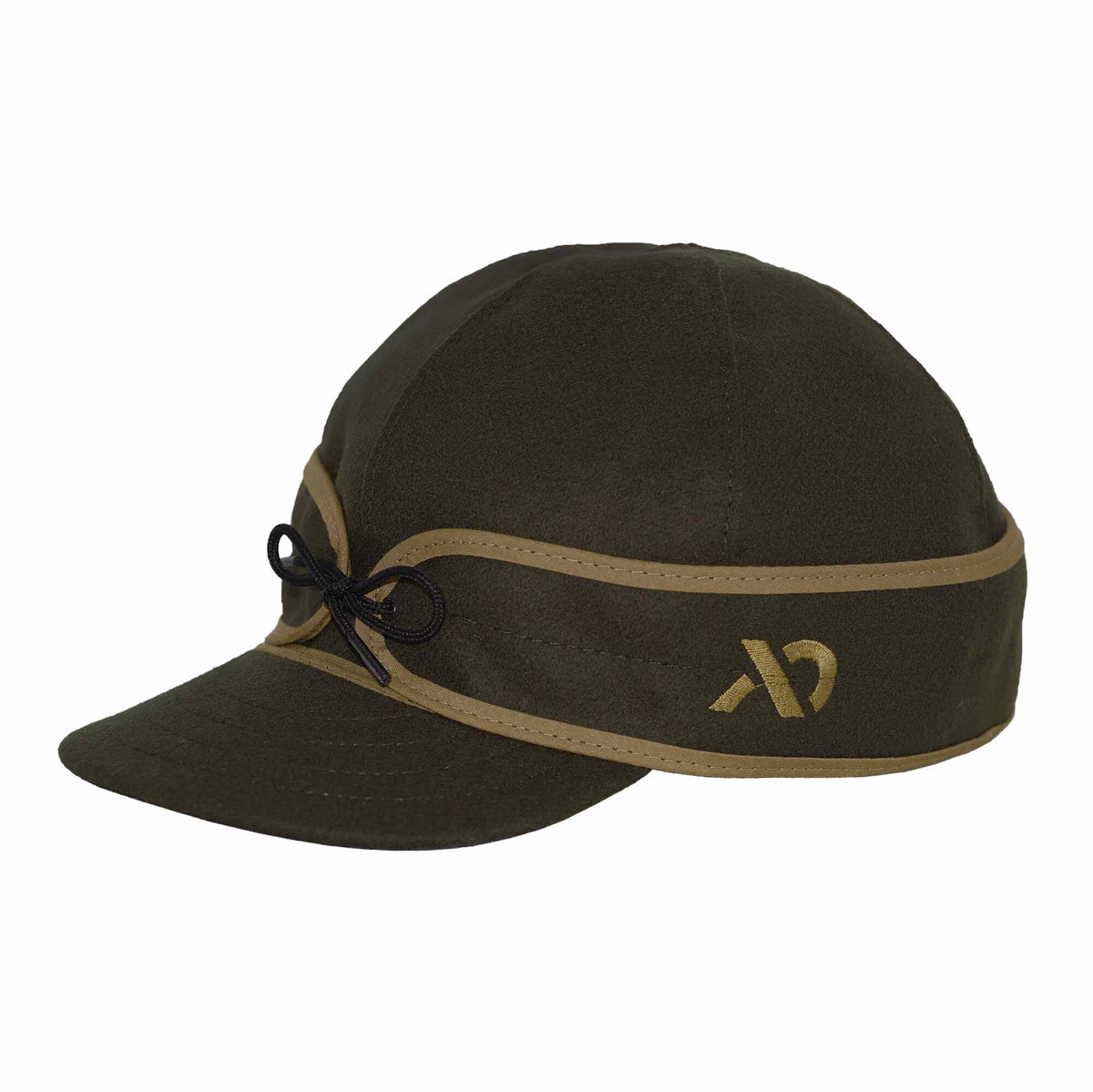 Dark green felt hunting cap with tan folded ear flaps, a black cord bow, and a gold embroidered logo.