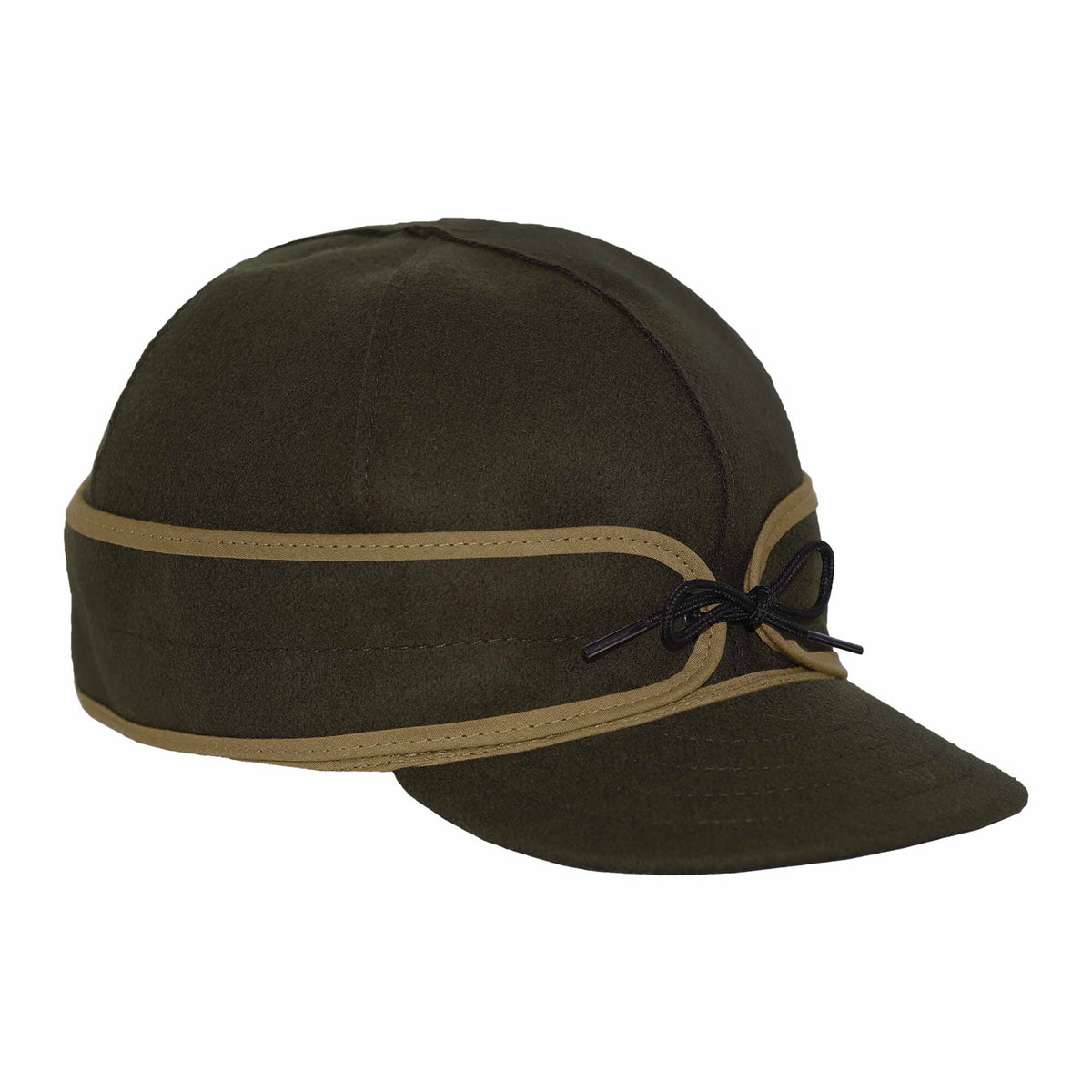 Olive green cap with khaki trim, featuring ear flaps tied with black drawstrings above a short brim.