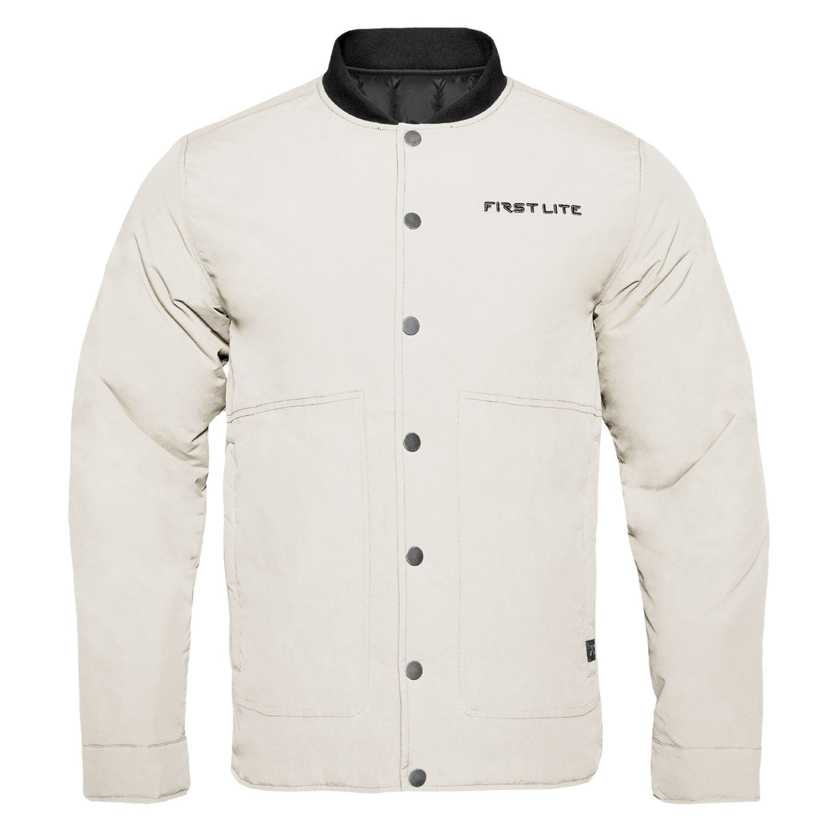 Light sand chore coat with black rib-knit collar featuring FIRST LITE in black in the left chest