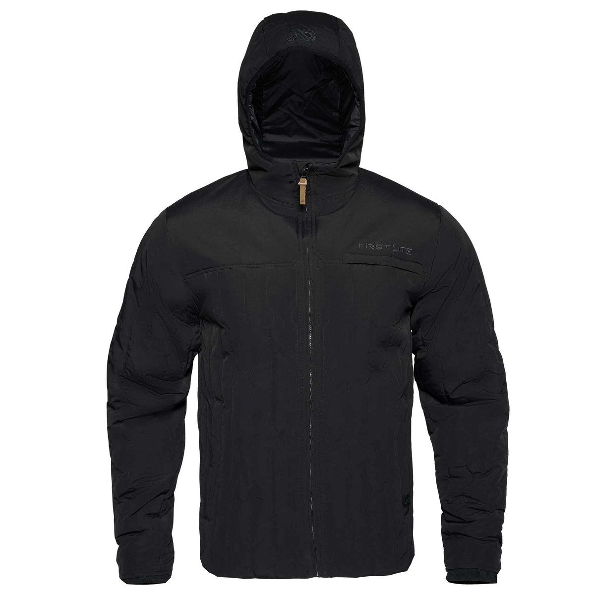 Hooded black outpost jacket with FIRST LITE branding in the left chest and black FIRST LITE logo on the jacket hood.