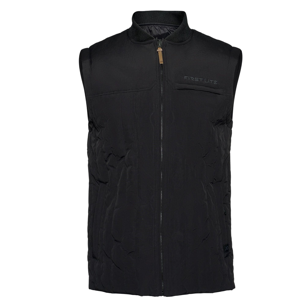Black outpost vest with a high collar  and FIRST LITE branding in the left chest.