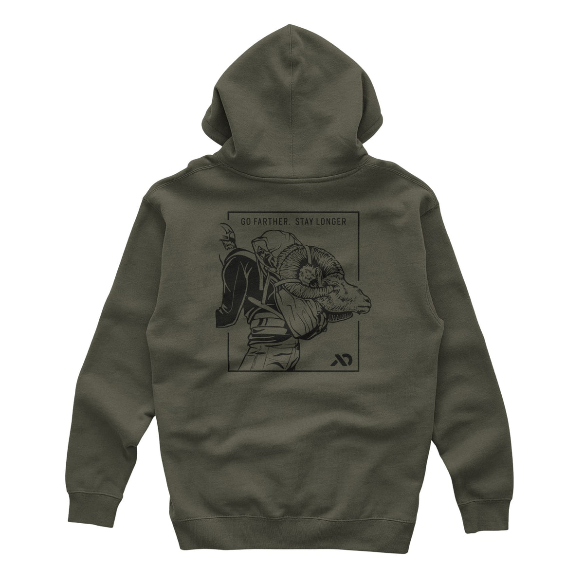 Military green hoodie with a back graphic depicting a person carrying a ram's head in a pack, above the text 'GO FARTHER. STAY LONGER'.