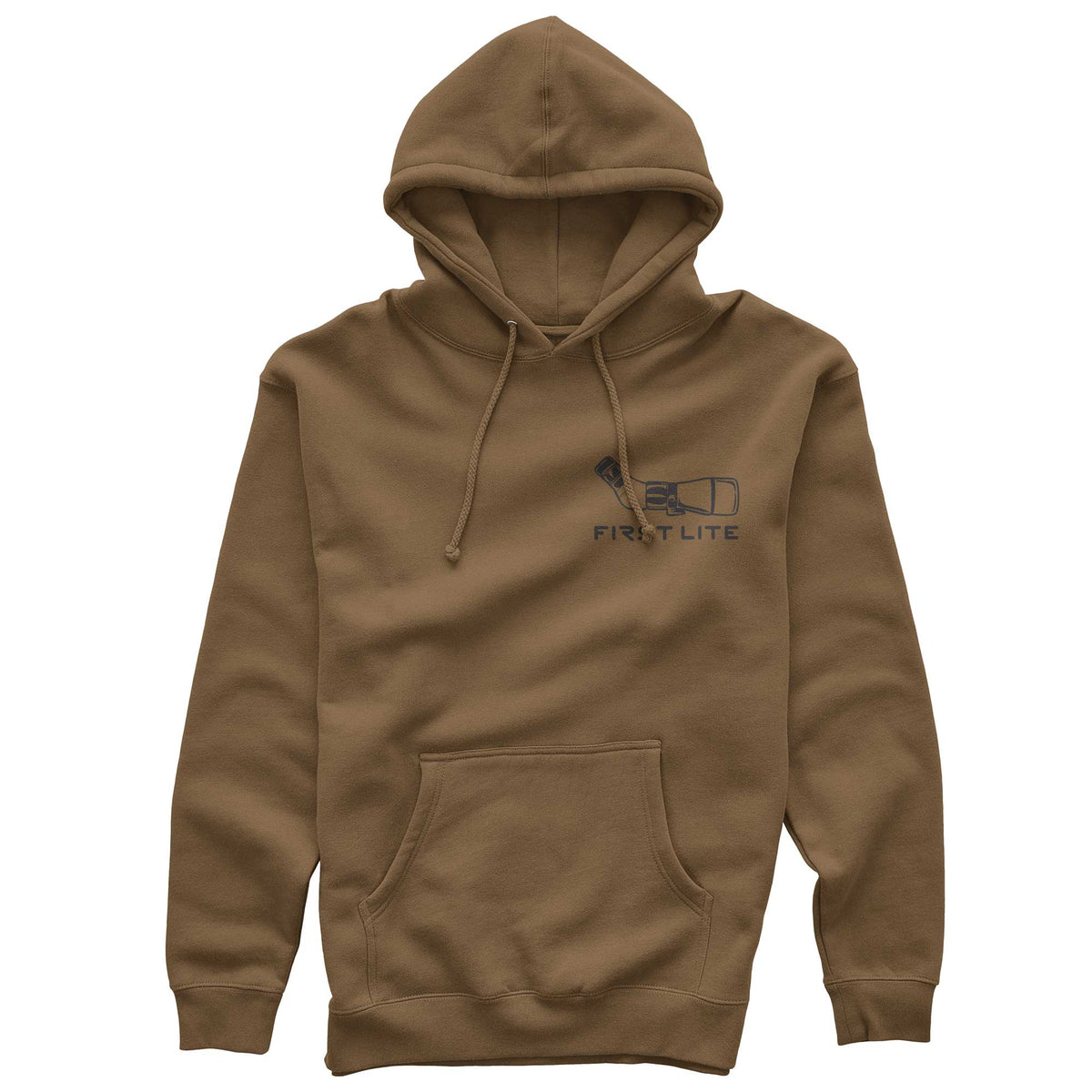Earthy brown hoodie featuring a hood with drawstrings, a front kangaroo pocket, and a "FIRST LITE" text with a binocular graphic on the chest.