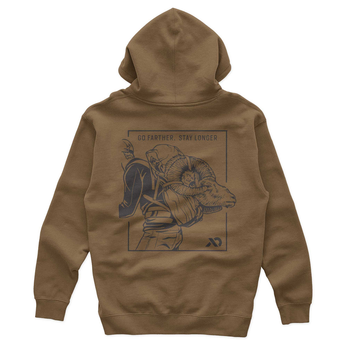 Brown hoodie with a back graphic depicting a person carrying a ram's head in a pack, above the text 'GO FARTHER. STAY LONGER'.