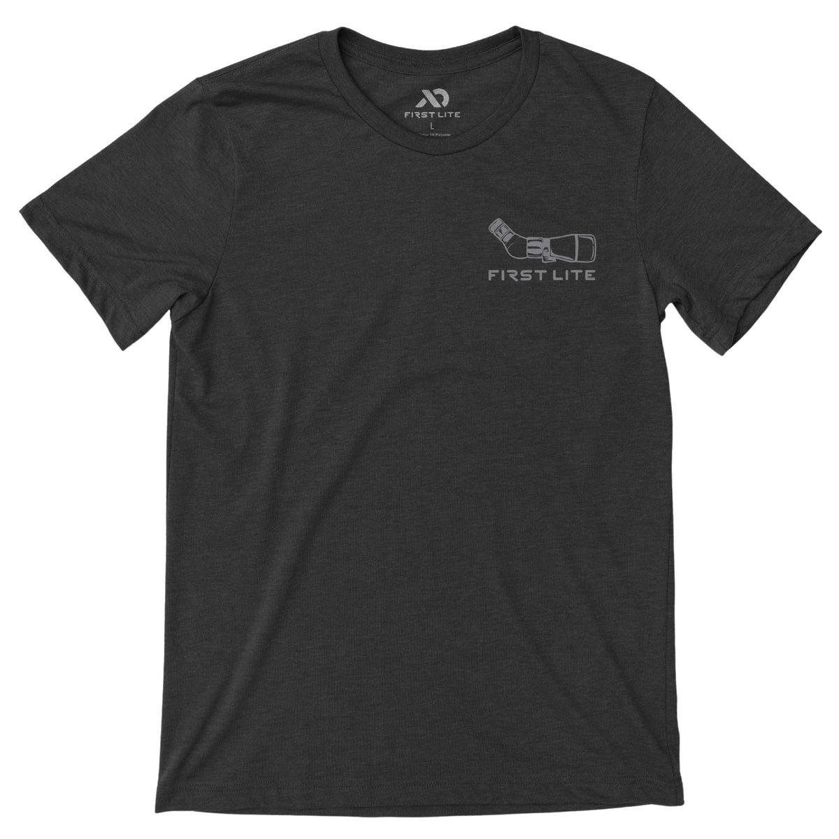 Dark gray t-shirt featuring a light gray graphic of a monocular above the text "FIRST LITE" on the front.