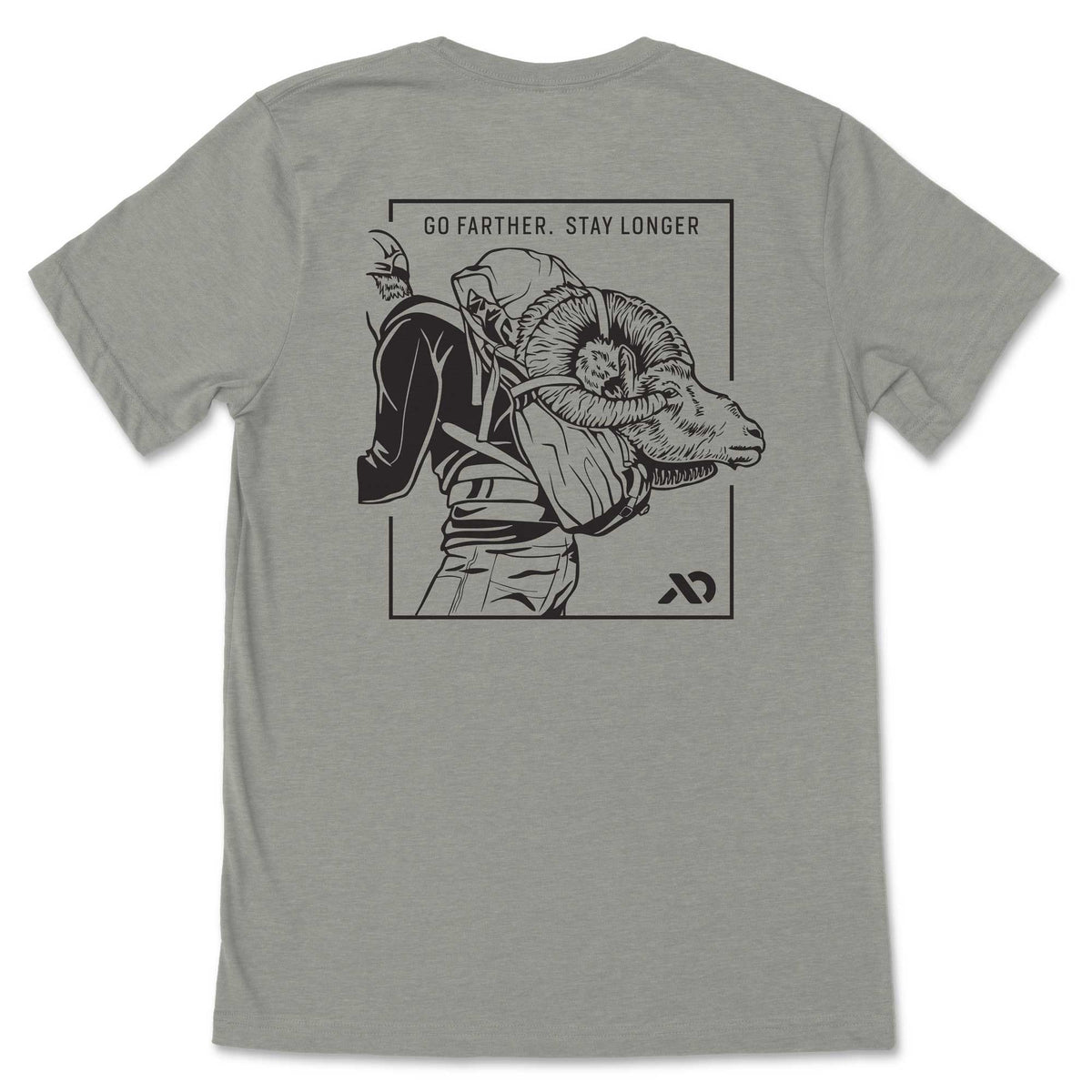 Light grey t-shirt with a black graphic on the back depicting a person carrying a ram, and the text "GO FARTHER. STAY LONGER".