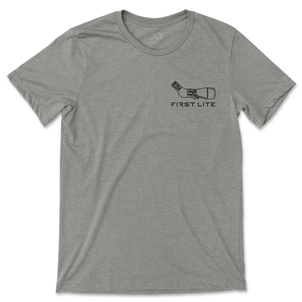Heather grey t-shirt featuring a dark grey graphic of a monocular above the text "FIRST LITE" on the front.