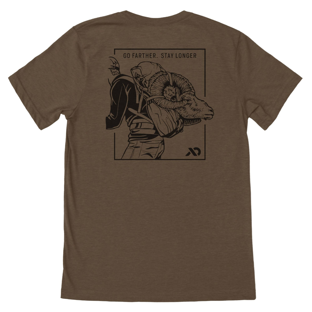 Heather brown t-shirt with a black graphic on the back: a framed illustration of a person carrying a bighorn ram, topped by the text 'GO FARTHER. STAY LONGER'.
