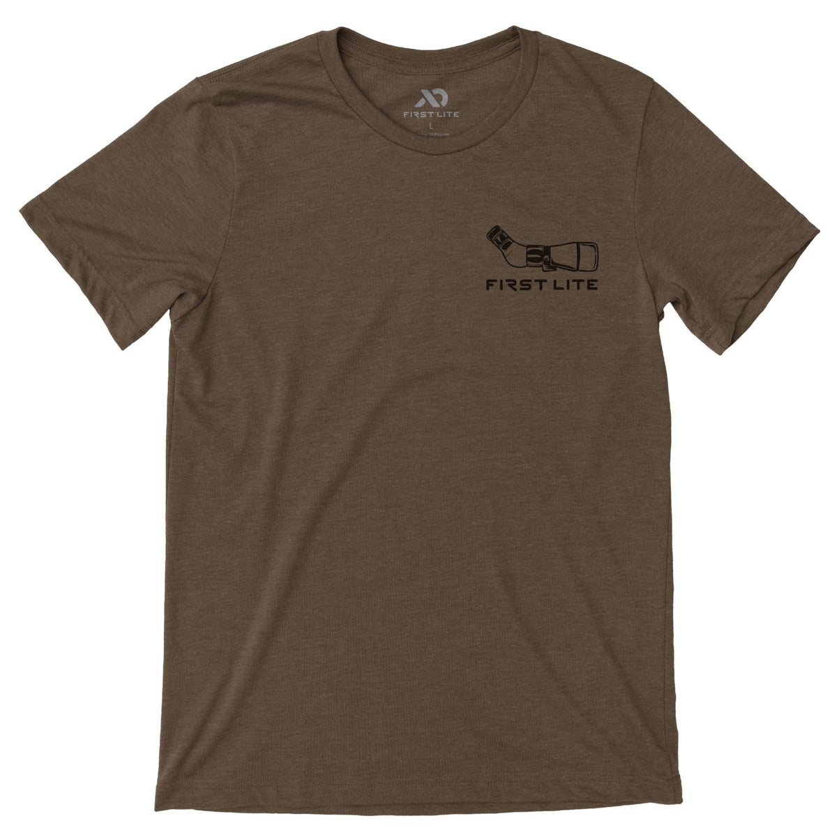 Heather brown t-shirt featuring a black graphic of a monocular above the text "FIRST LITE" on the front.