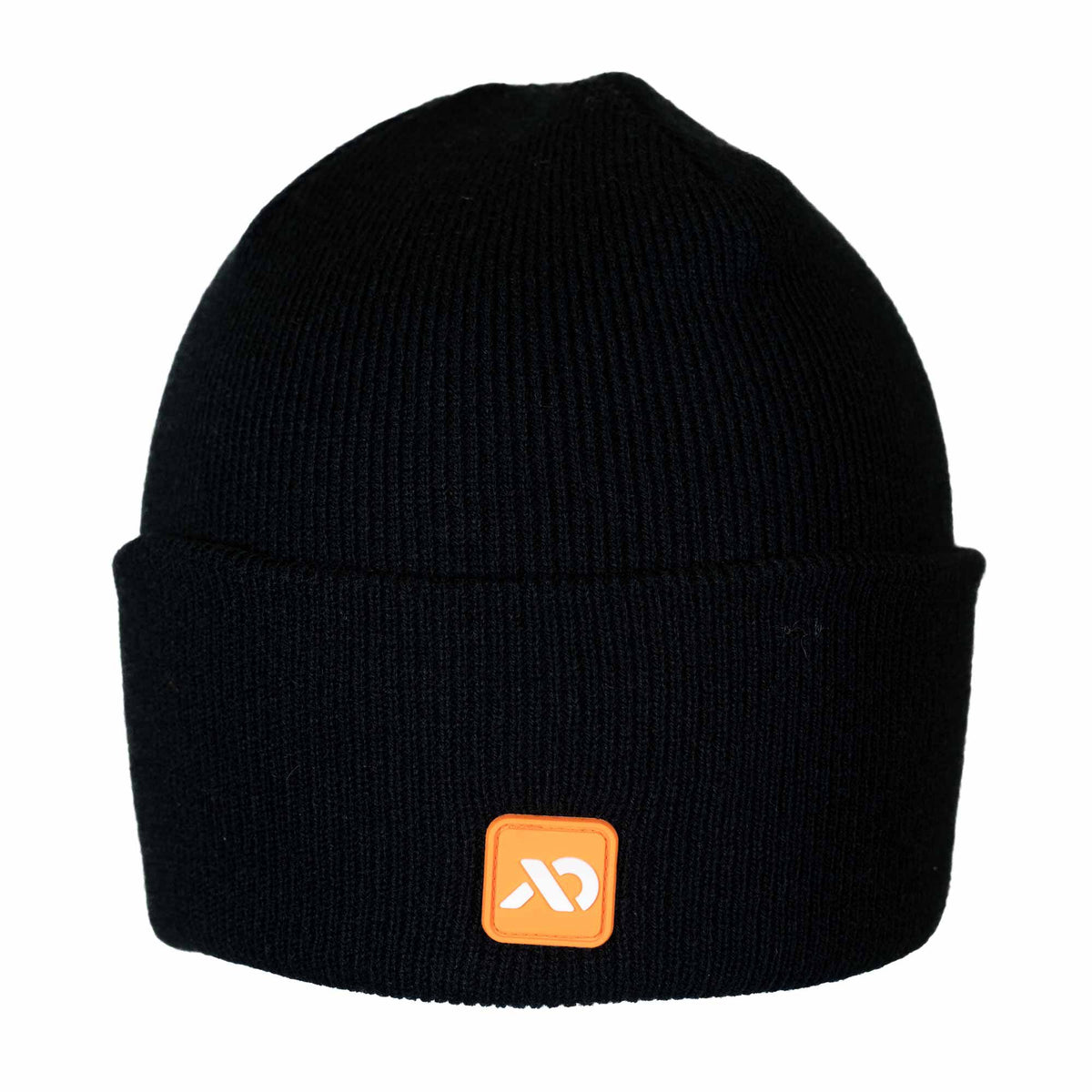 Black ribbed knit beanie with a folded brim and an orange square patch featuring a white stylized logo.