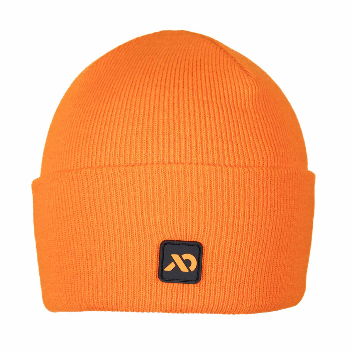 Orange ribbed knit beanie with a folded cuff and a black square patch featuring an orange abstract logo on the front.