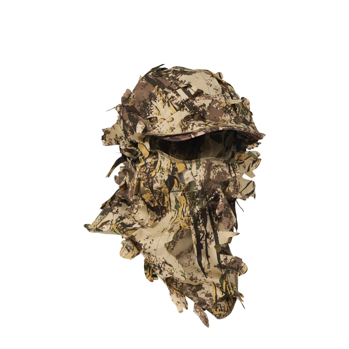 Brown, tan, and green camouflage ghillie hood with a brim, leafy texture, and mesh panels.