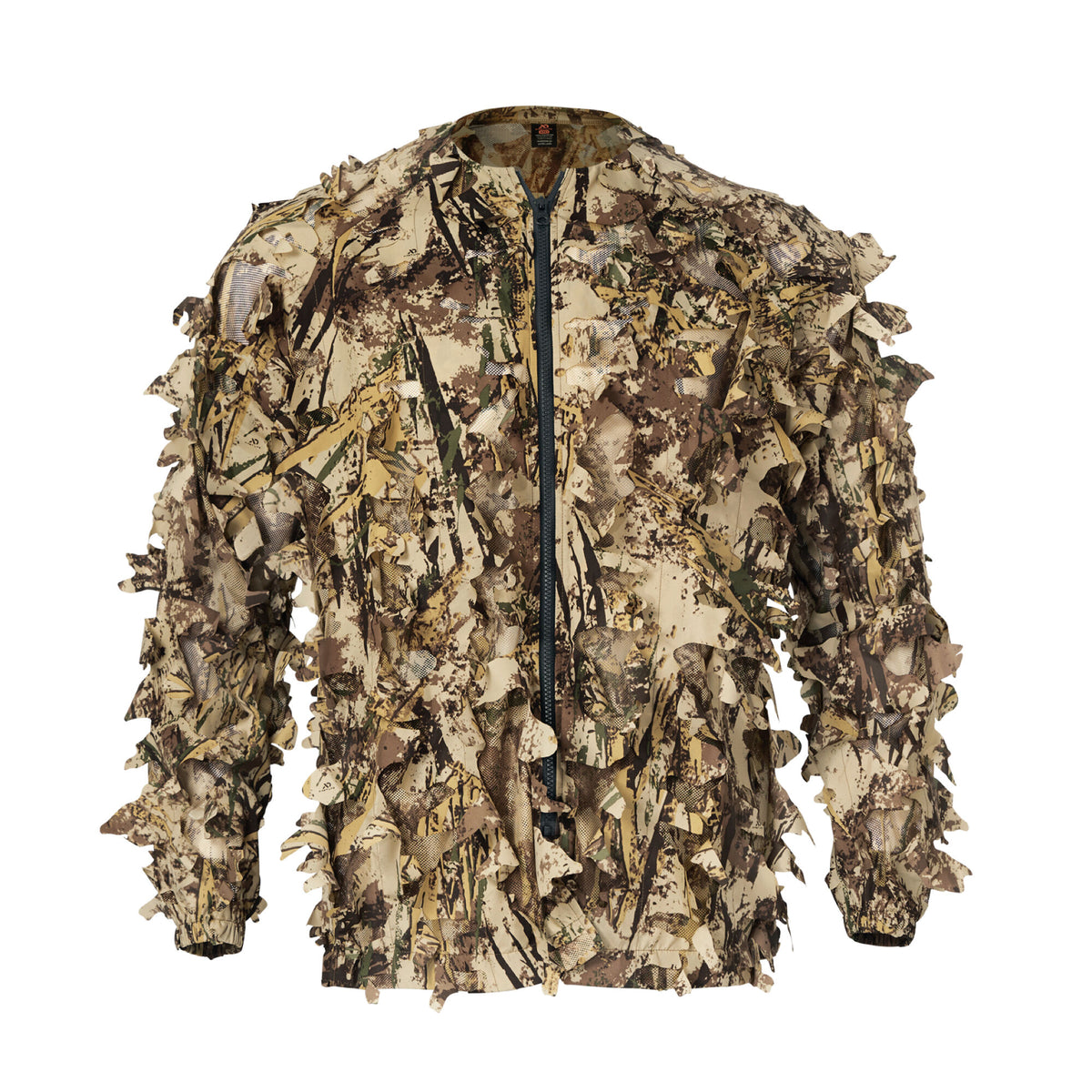 Full-zip desert camouflage jacket with 3D leafy ghillie pattern.