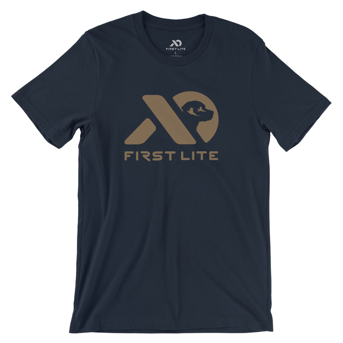 Navy t-shirt with a tan First Lite logo graphic depicting a dog's head and two flying birds