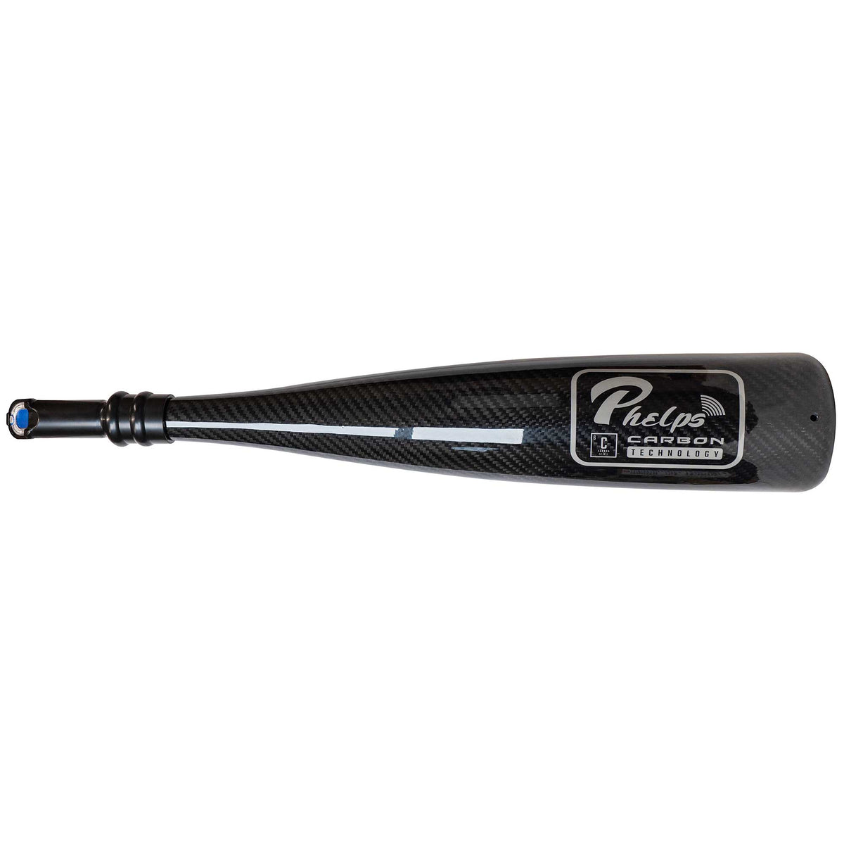 Black carbon fiber Phelps swimming snorkel with a visible weave, a white line, the "Phelps Carbon Technology" logo, and a blue-tipped end.