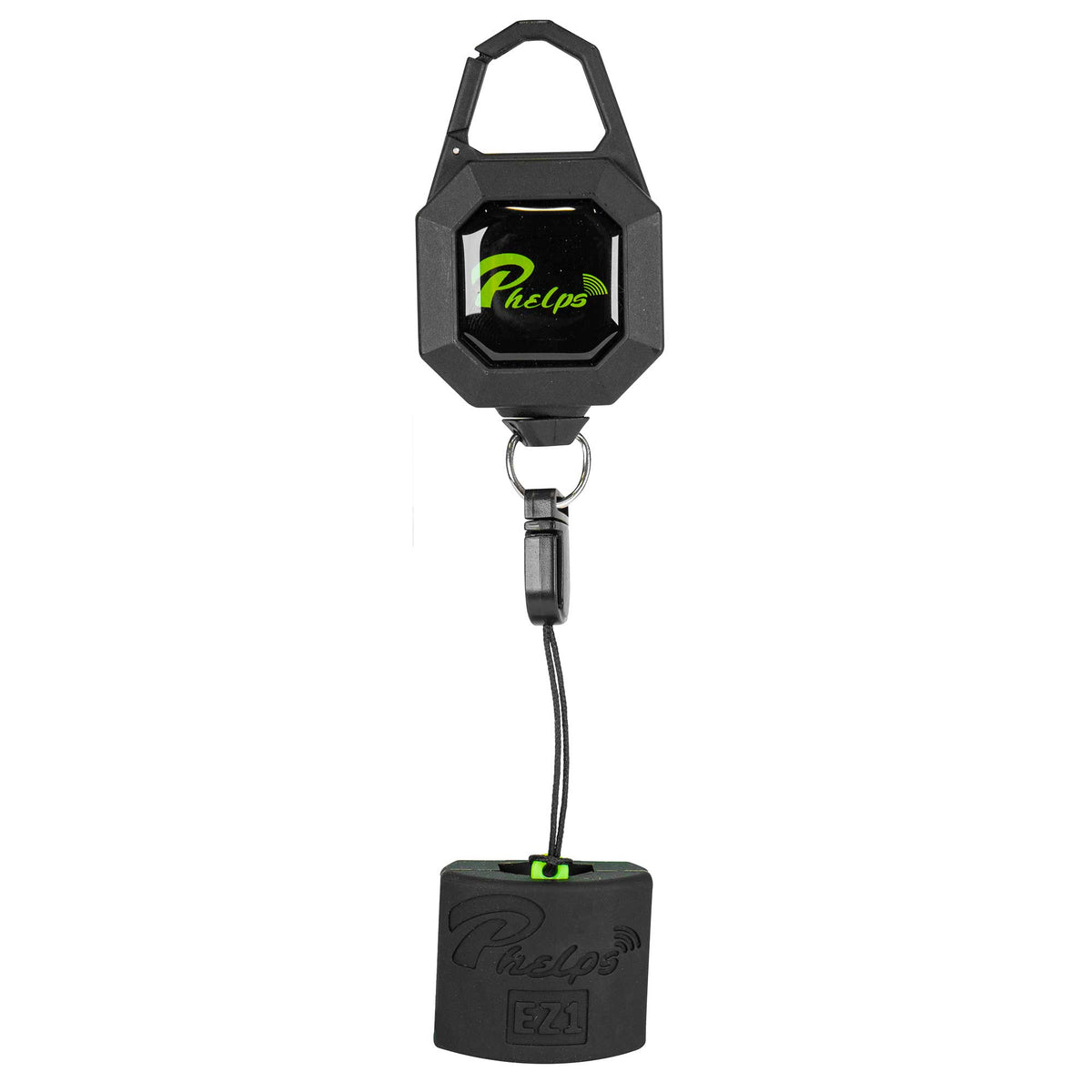 Black Phelps retractable gear tether with a carabiner clip, green logo on the octagonal reel, and a rectangular EZ1 bottom attachment.