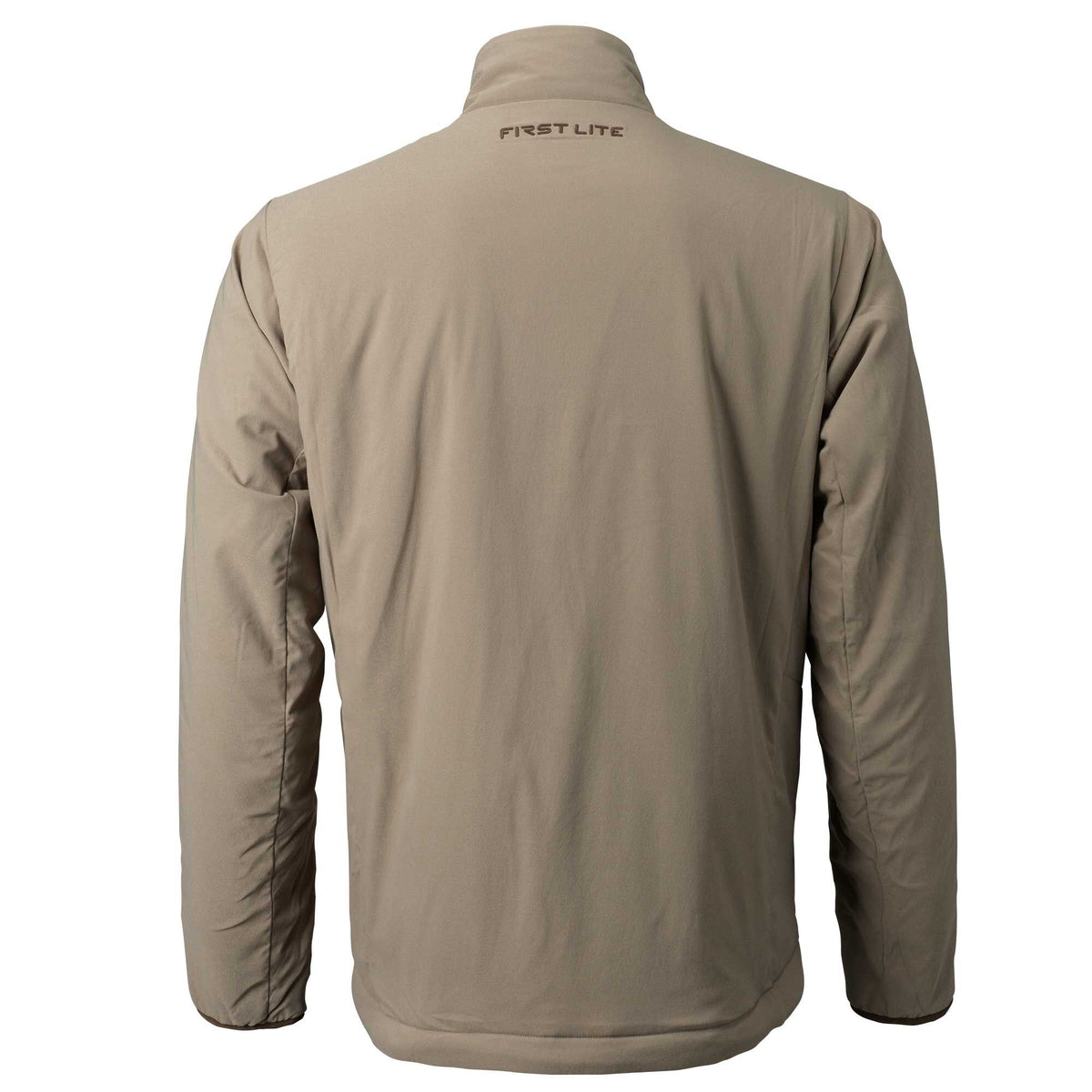 Back view of a khaki First Lite jacket with a high collar and the brand logo on the upper back.