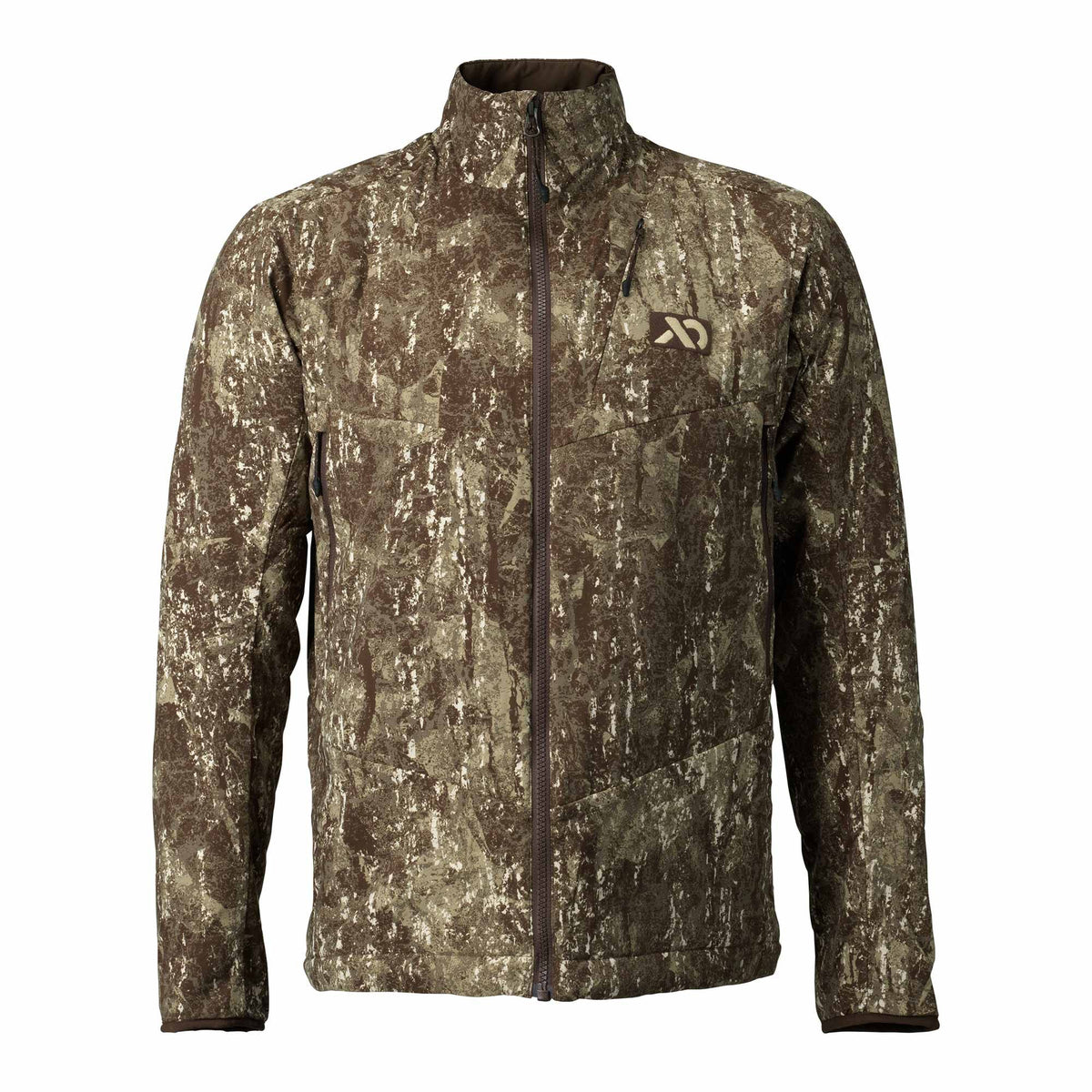 Earth-toned camouflage full-zip jacket with a stand collar, zippered chest pocket, and a brown logo on the right chest.