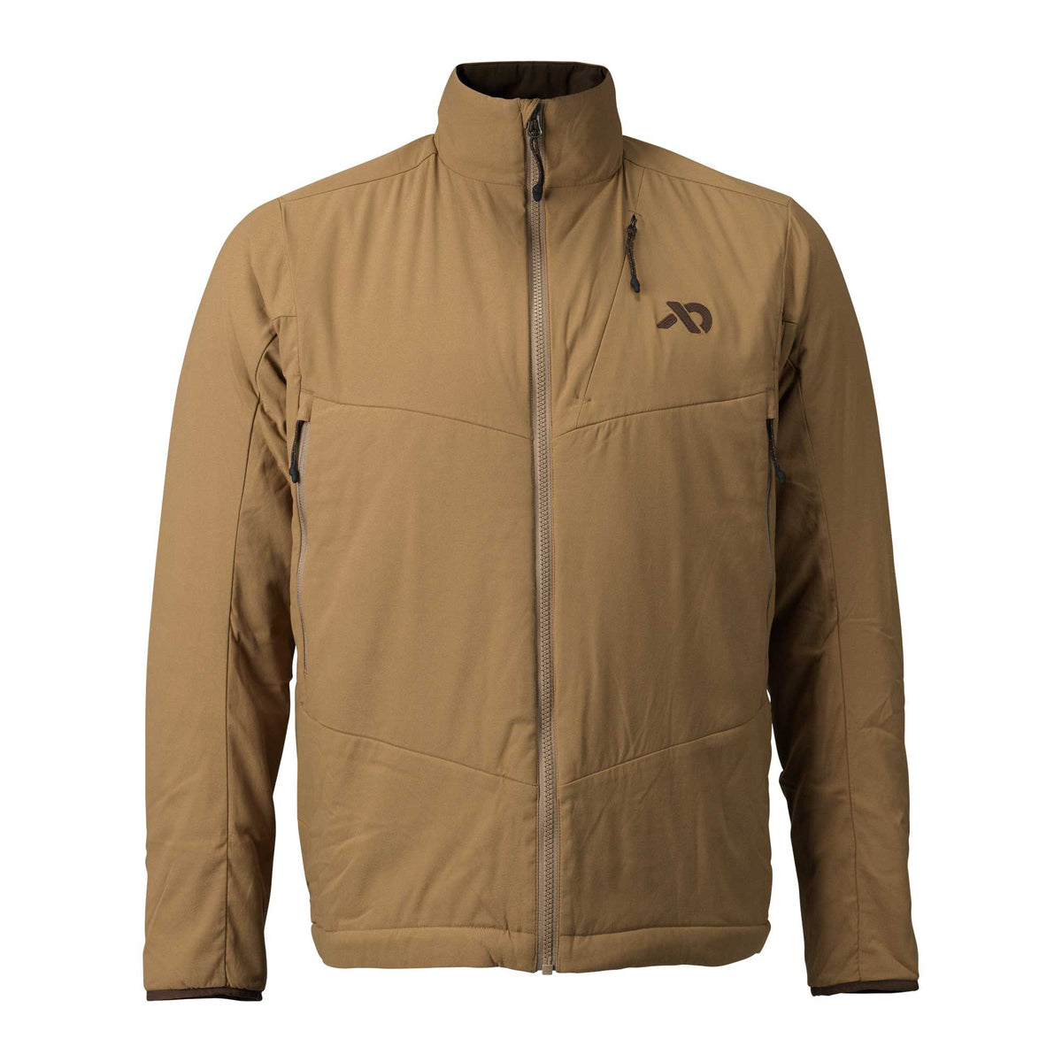 Tan full-zip jacket with a stand-up collar, left chest logo, and zippered pockets.