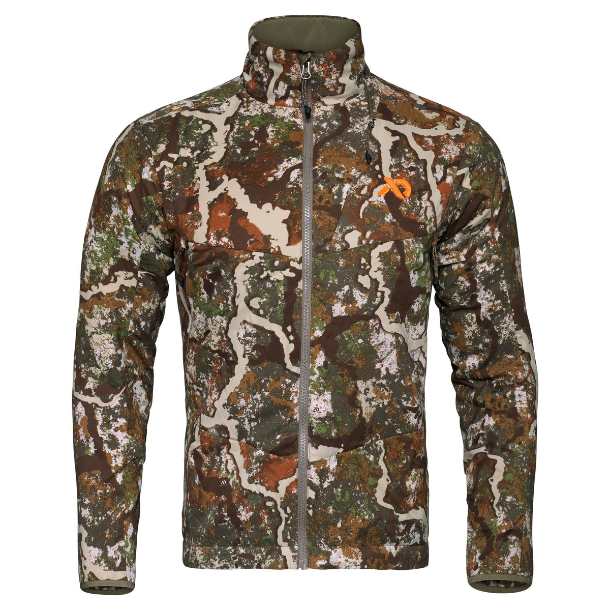 Full-zip jacket in a multi-tone camouflage pattern of green, brown, and white, with a grey zipper and an orange logo on the left chest.