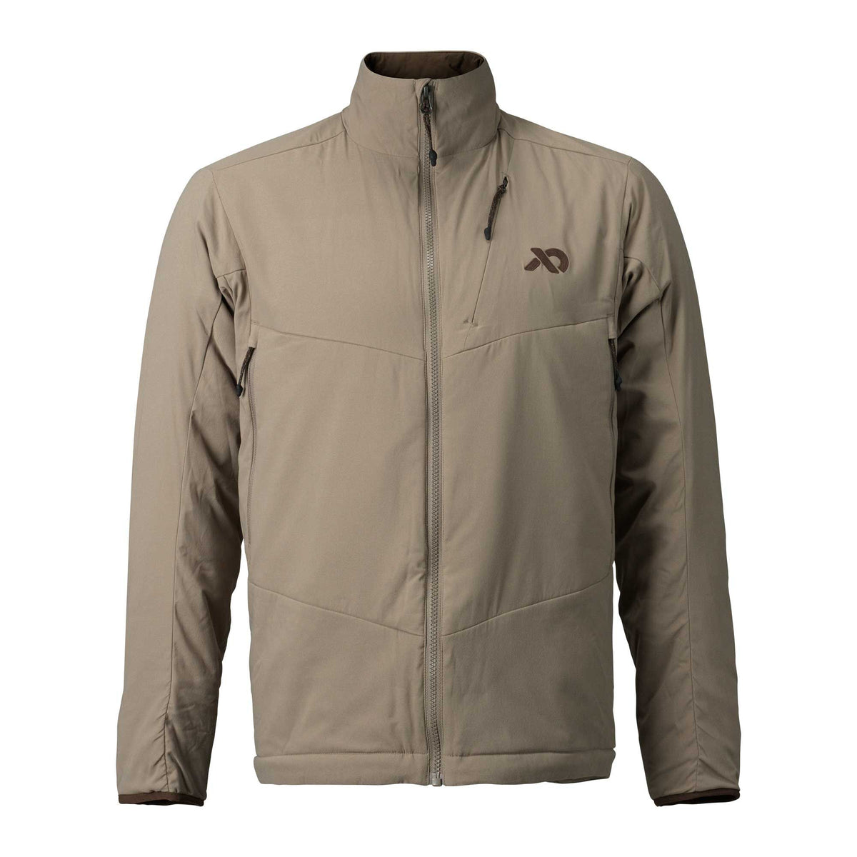 Tan full-zip jacket with a stand-up collar, dark brown inner collar, zippered chest pocket, and a dark logo on the right chest.