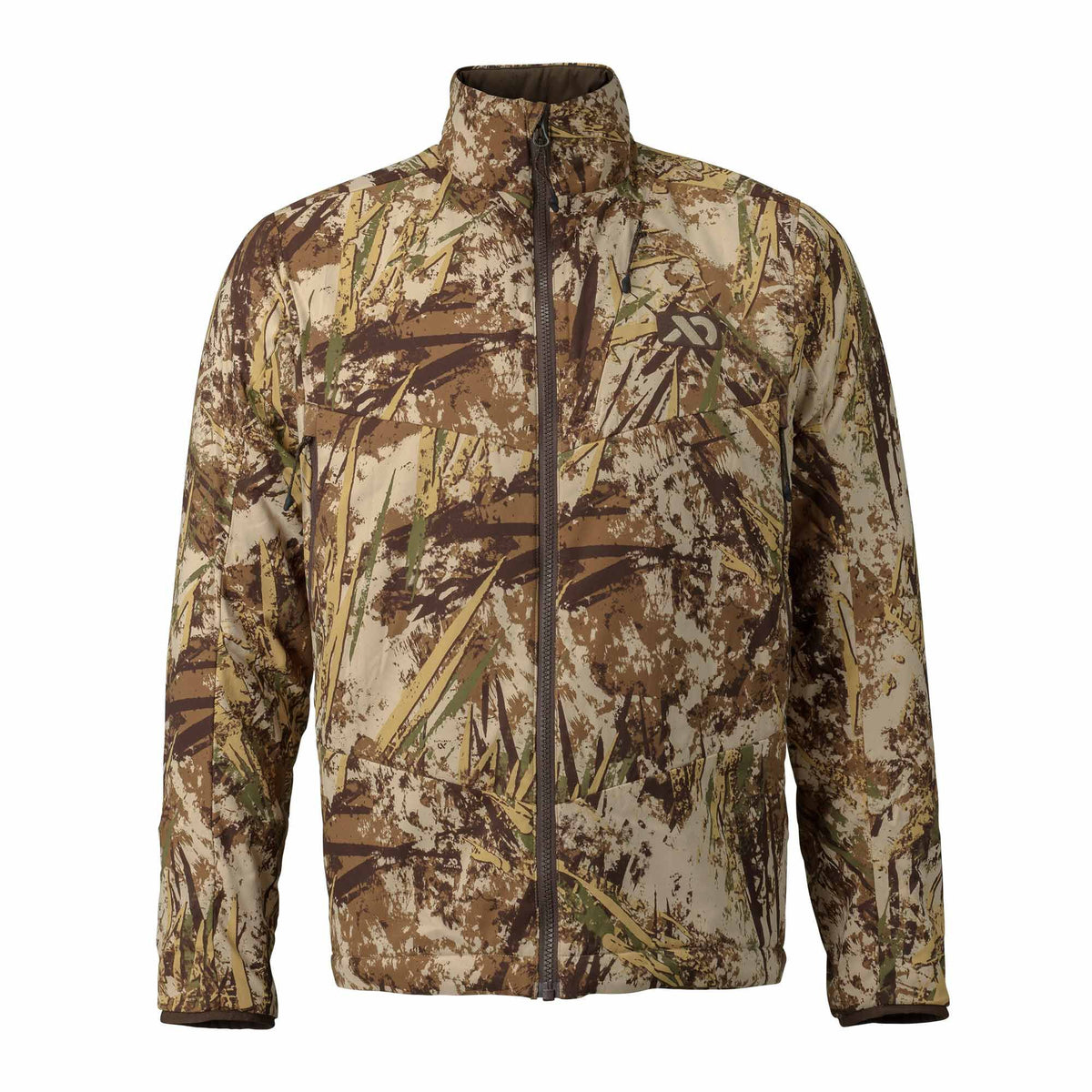 A full-zip jacket in a brown, tan, and green marsh camouflage pattern with a stand-up collar.