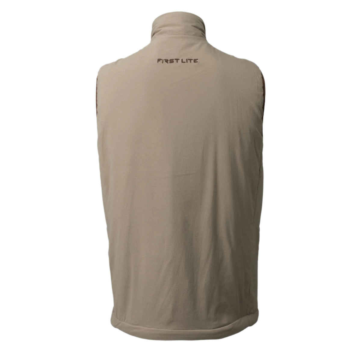 Back view of a tan sleeveless vest with a high collar and "FIRST LITE" embroidered on the upper back.