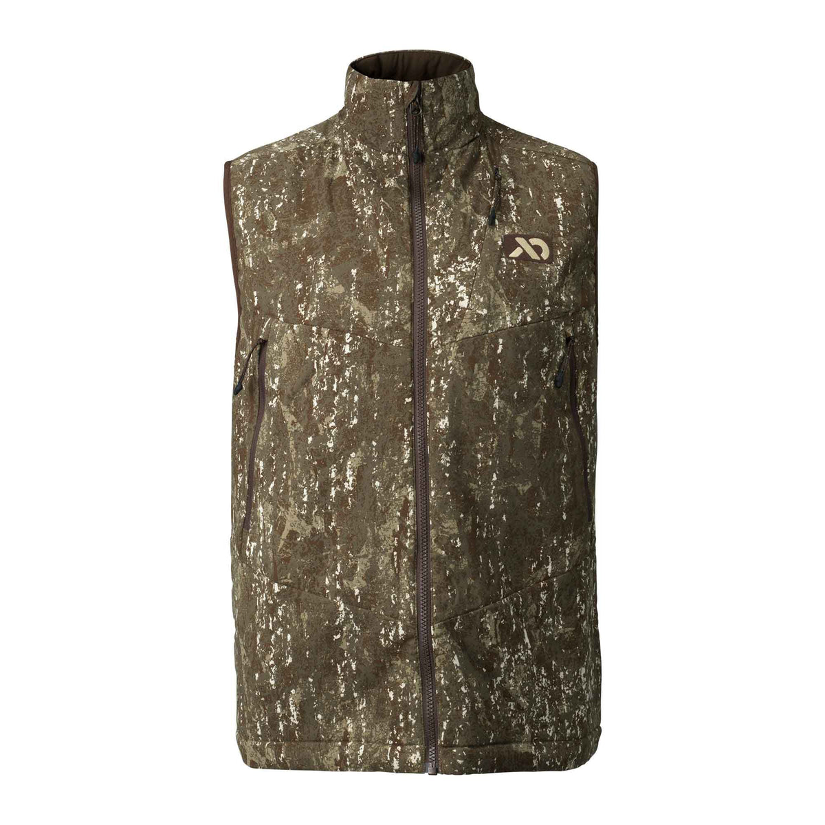 A mottled brown and green camouflage full-zip vest with a stand-up collar, chest logo, and zippered chest and hand pockets.