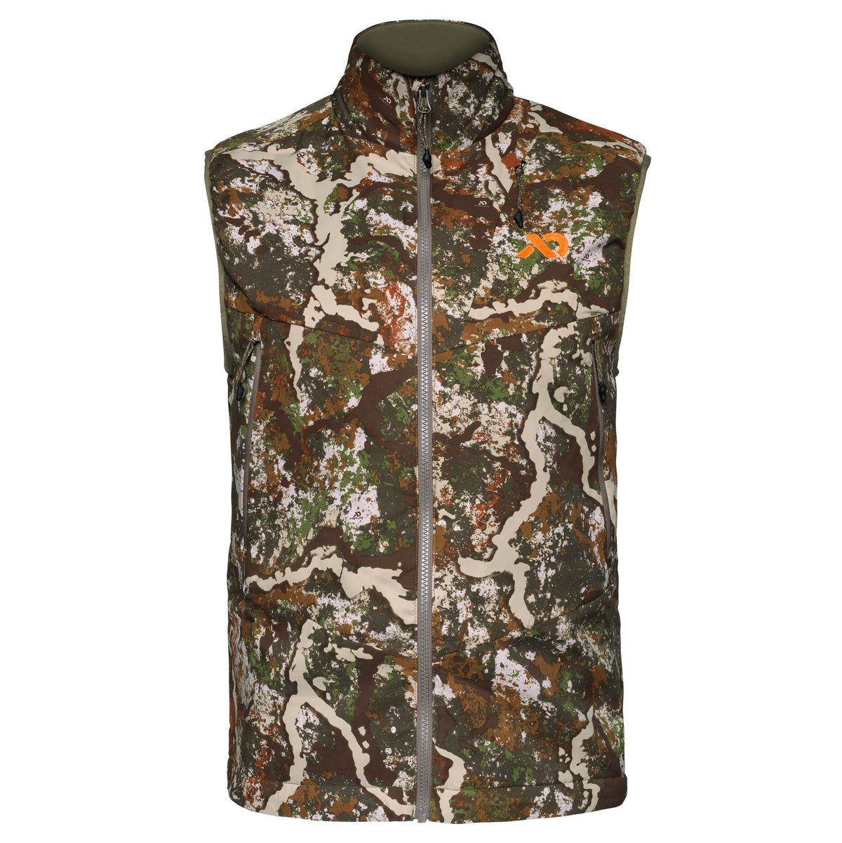 First Lite Specter camouflage hunting vest featuring a full gray zipper, stand-up collar, orange First Lite logo, and zippered side pockets.