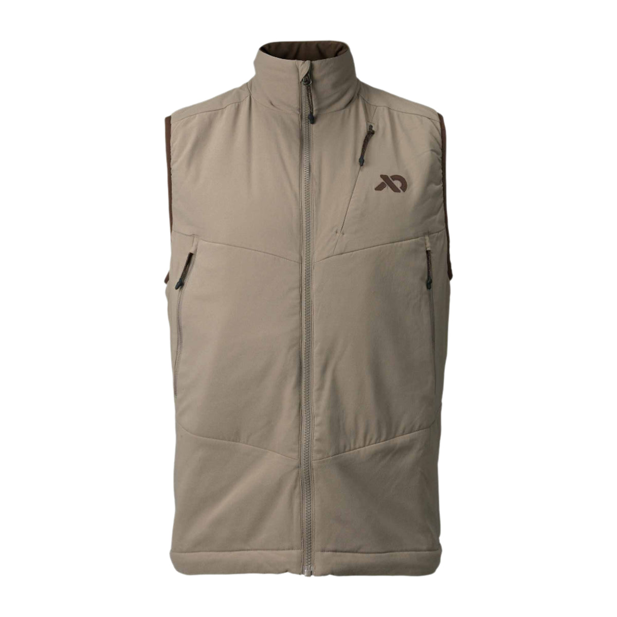 Tan full-zip vest with a stand collar, brown trim on collar and armholes, a zippered chest pocket, zippered hand pockets, and a dark brown logo on the left chest.