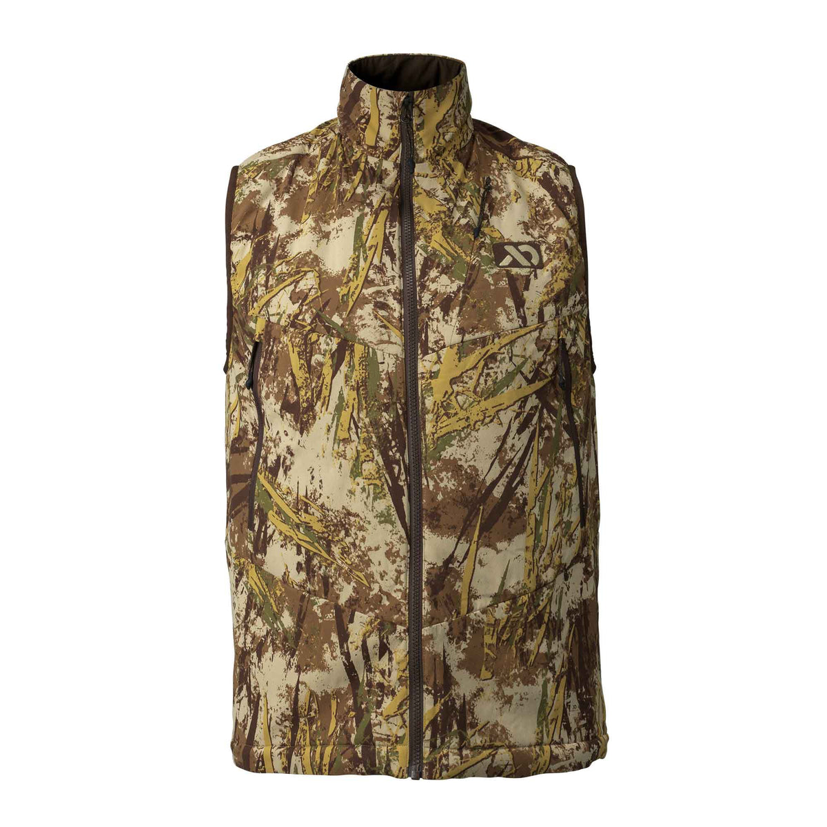 Men's full-zip hunting vest in a brown, tan, and green camouflage reed pattern, with a stand-up collar, dark brown zipper, zippered chest pocket, and left chest logo.