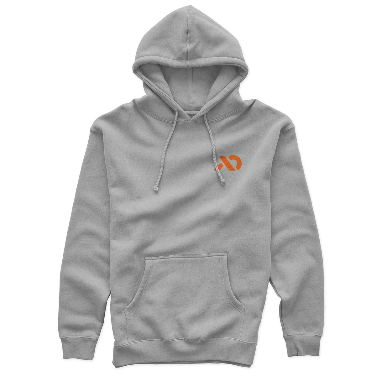 Light grey hoodie with an orange abstract logo on the left chest, a hood with drawstrings, and a kangaroo pocket.
