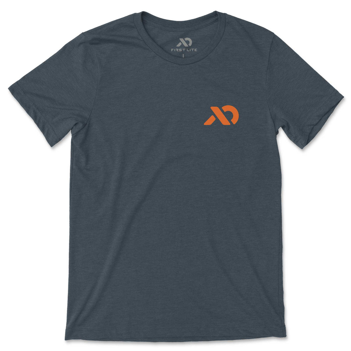 Dark blue-gray t-shirt with an orange First Lite logo on the left chest.