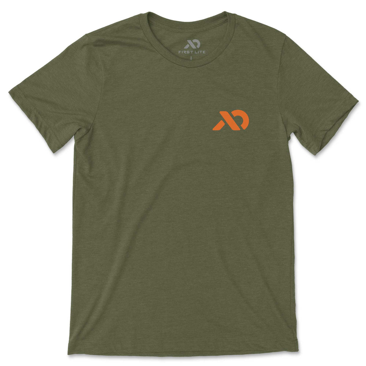 Olive green heather t-shirt featuring a grey First Lite logo centered below the collar and an orange abstract logo on the left chest.