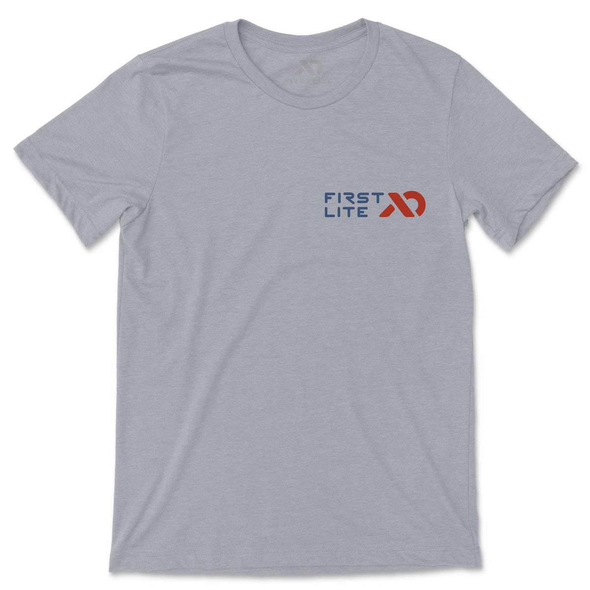 Gray t-shirt with 'First Lite' logo on a white background
