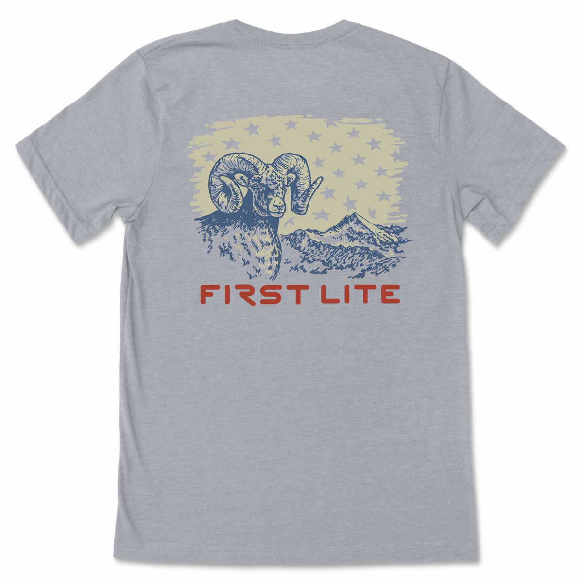 Gray t-shirt with mountain and ram design on the back, featuring 'First Lite' branding.