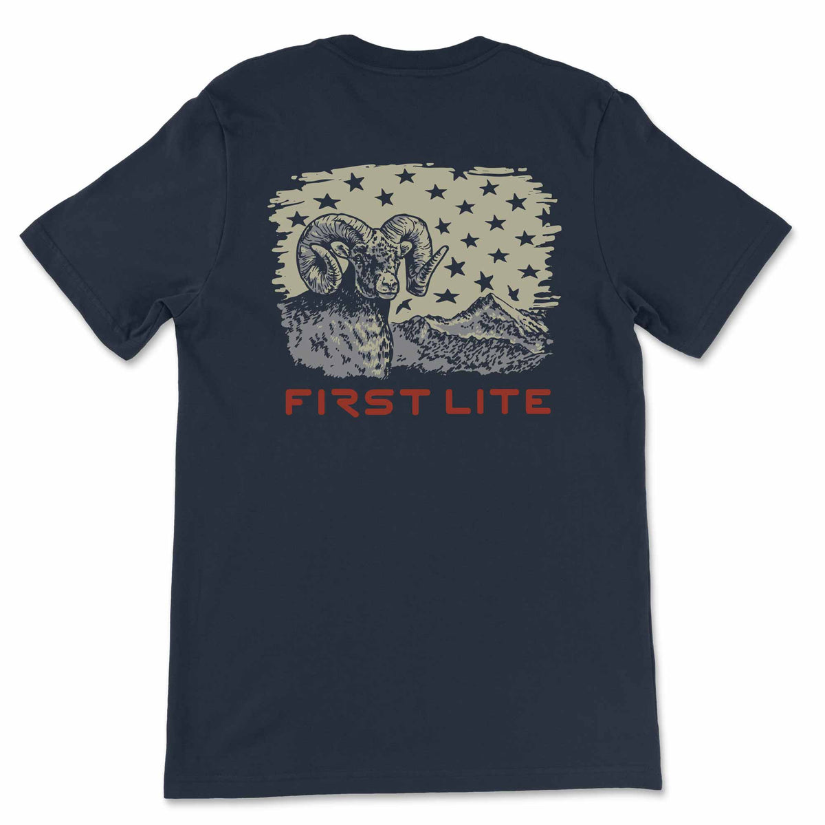 Navy blue t-shirt with graphic design of a ram and mountain, featuring the text 'First Lite', on a white background.