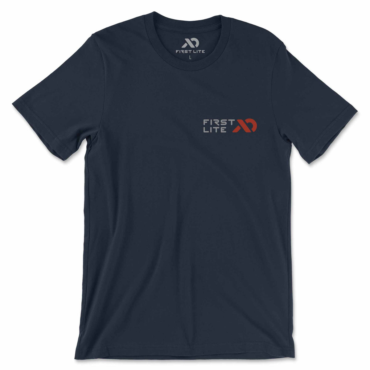 Navy t-shirt with First Lite logo on a white background
