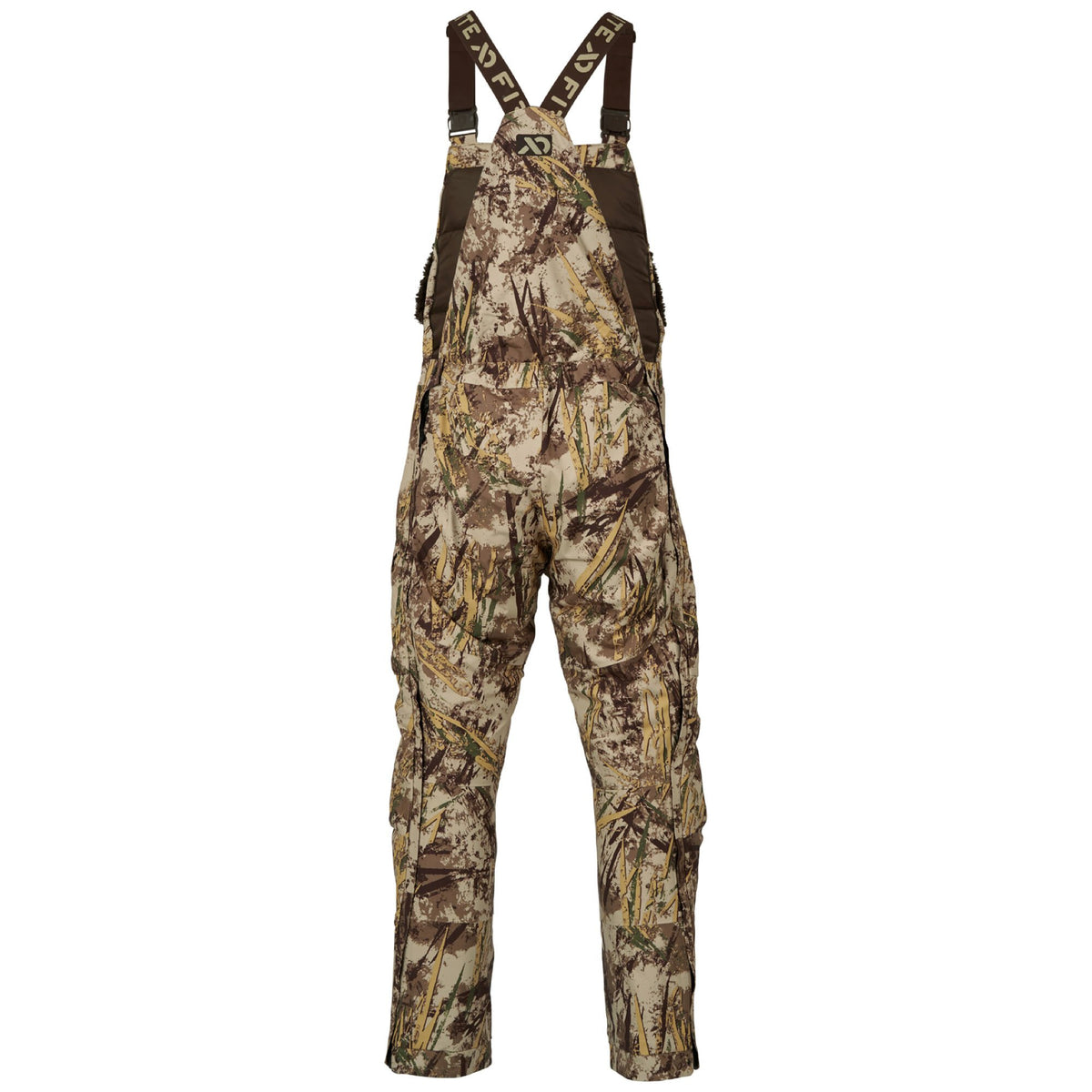 Hunting bib overalls in a multi-toned marsh camouflage pattern, featuring brown adjustable shoulder straps with lighter text and brown padded side panels.