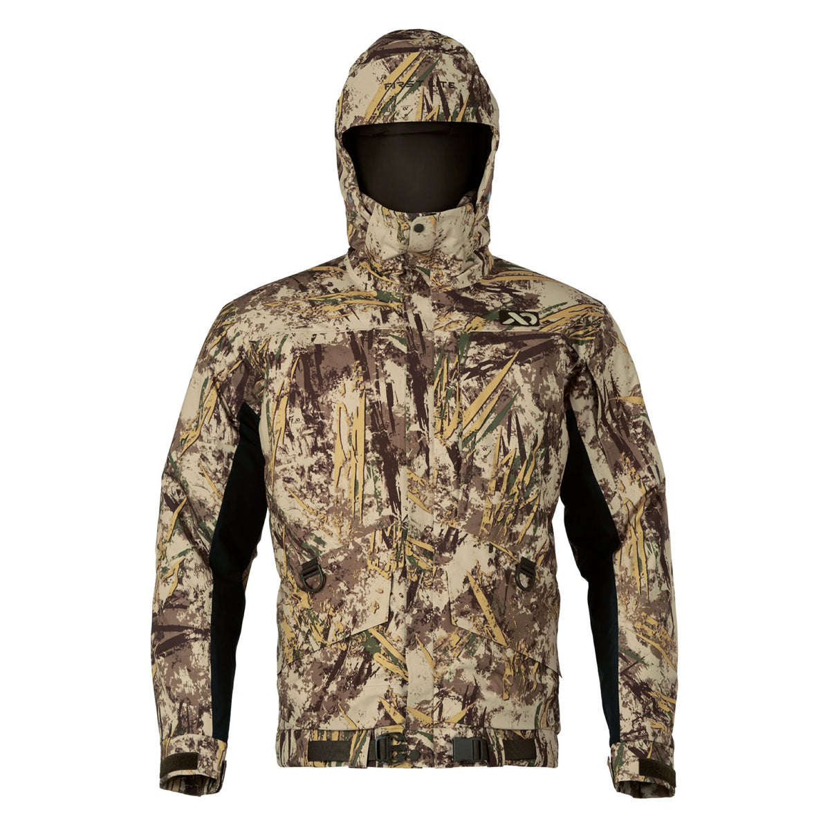 A hooded hunting jacket in a multi-color wetland camouflage pattern, featuring black underarm panels, two chest pockets with D-rings, adjustable velcro cuffs, and waist buckles.