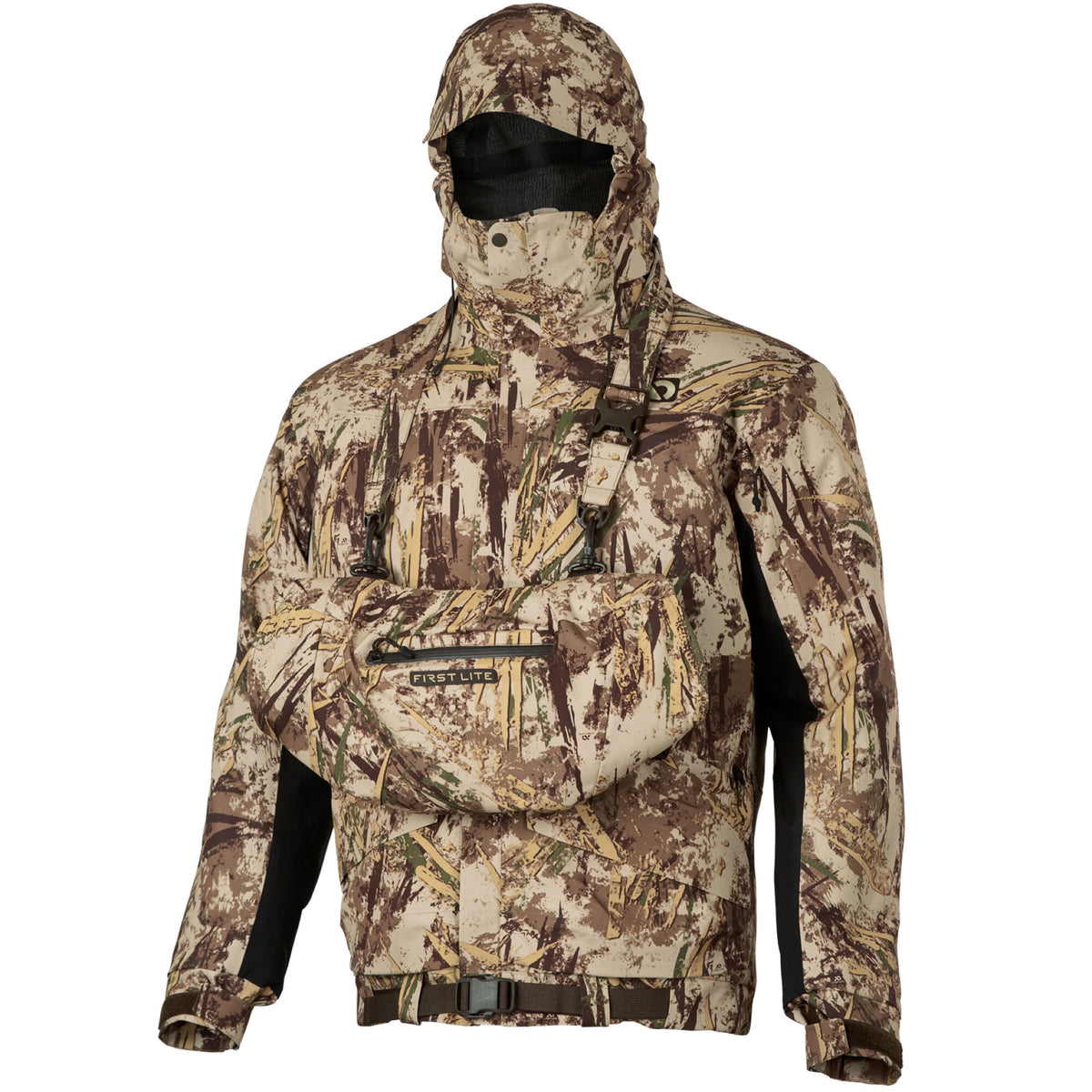 A hooded hunting jacket in brown, tan, and green camouflage with an integrated black face mask, an attached chest pouch with "FIRST LITE" logo, and black side panels.