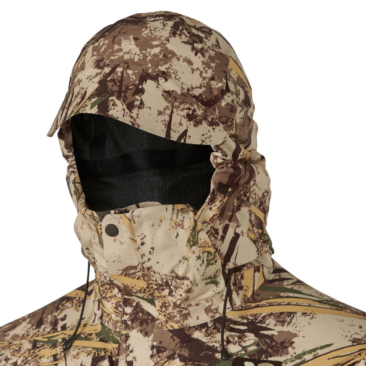Brown and tan camouflage hooded jacket with a brim, dark lining, and drawstrings.