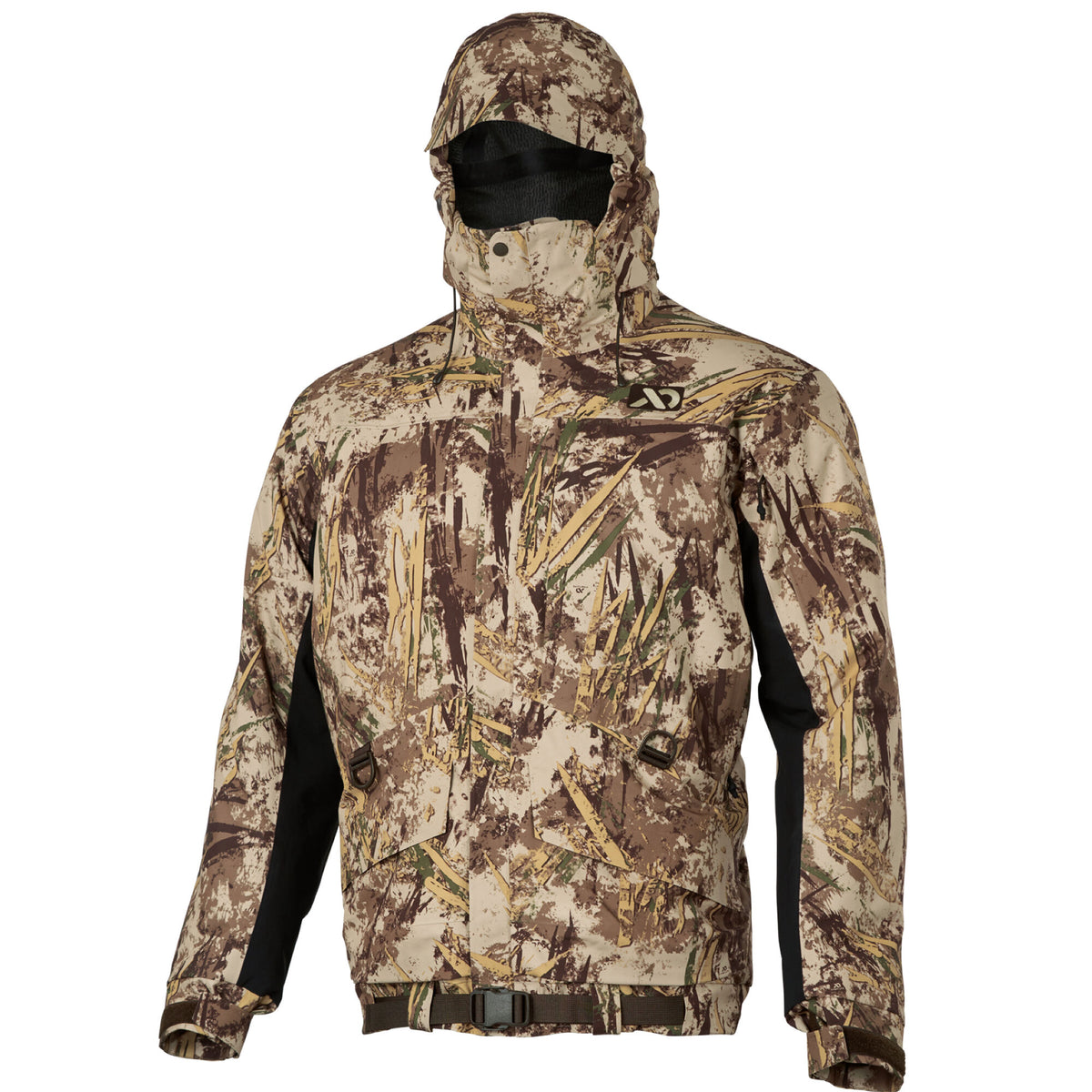 Tan and brown camouflage hunting jacket with a hooded balaclava, black side panels, chest D-rings, and a buckled waist belt.
